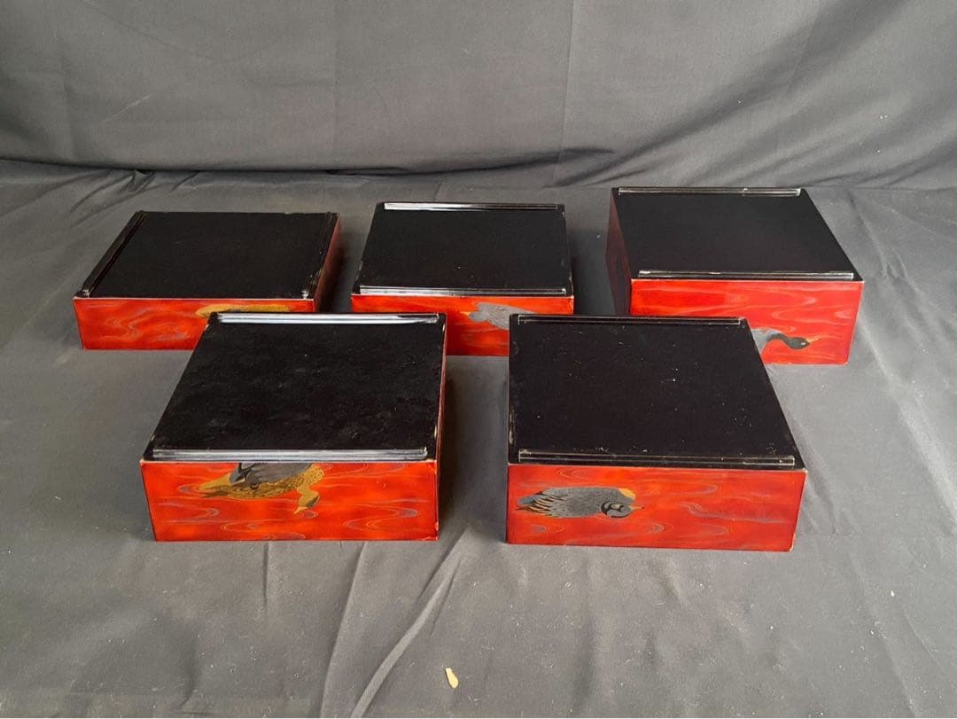 時代漆器 金銀 鴨蒔絵 紅溜 五段重箱 二枚蓋 共箱 木製 / 輪島塗