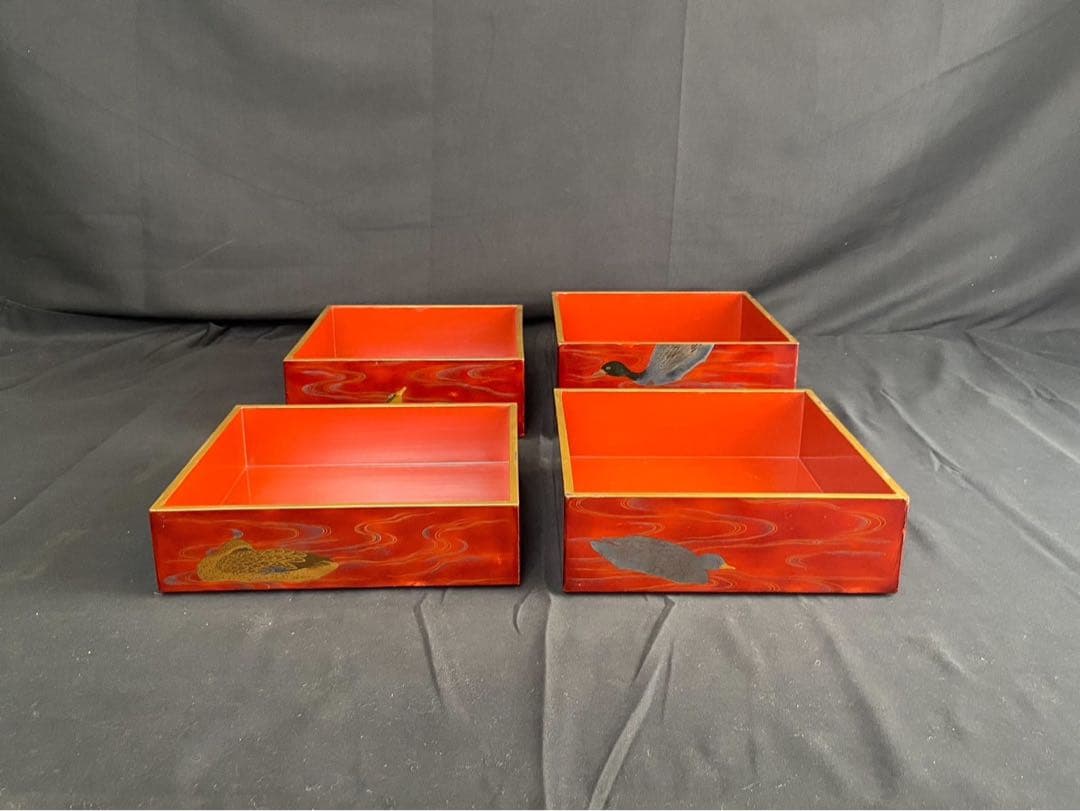 時代漆器 金銀 鴨蒔絵 紅溜 五段重箱 二枚蓋 共箱 木製 / 輪島塗