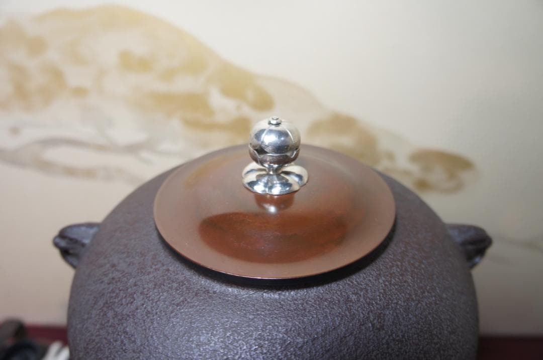 ☆美品 在銘 南鐐(銀)摘み真形釜添え 唐銅鬼面風炉 500W 電熱器送料込み