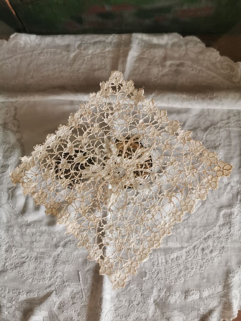 1800年代 キャリックマクロスレース精緻なカットワーク&ニードル刺繍 三つ葉花