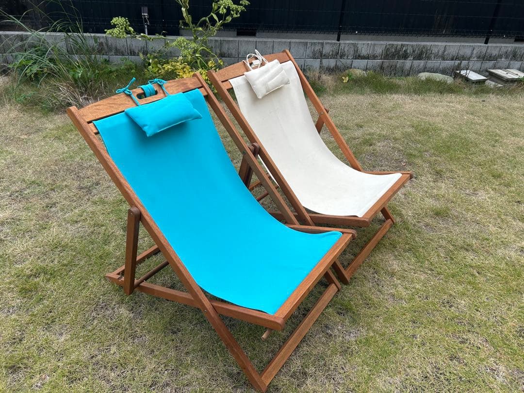 デッキチェア 木製フレーム ２脚セット（３段リクライニング）