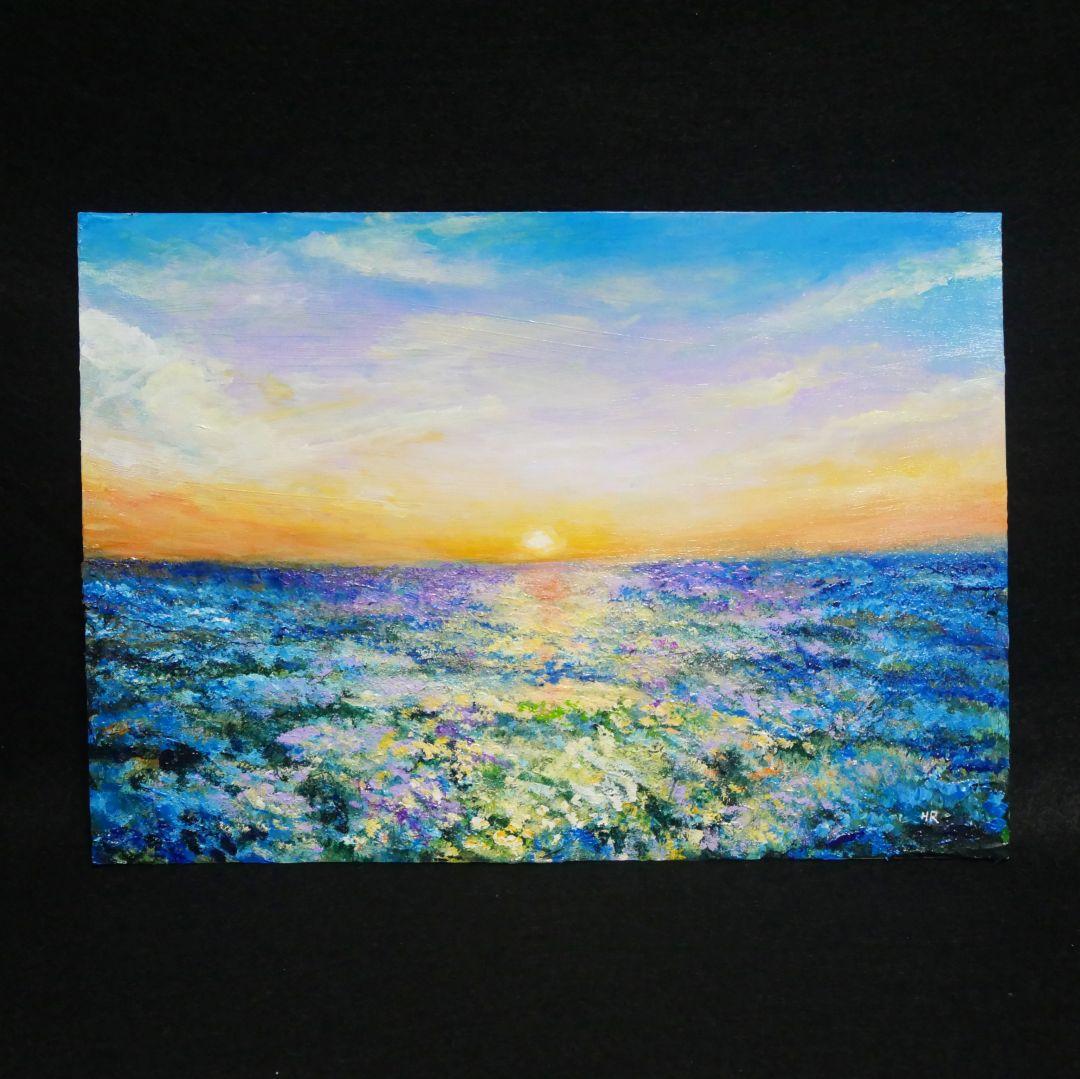 油絵 油彩 油彩画 絵 絵画【夕日に輝くネモフィラ】