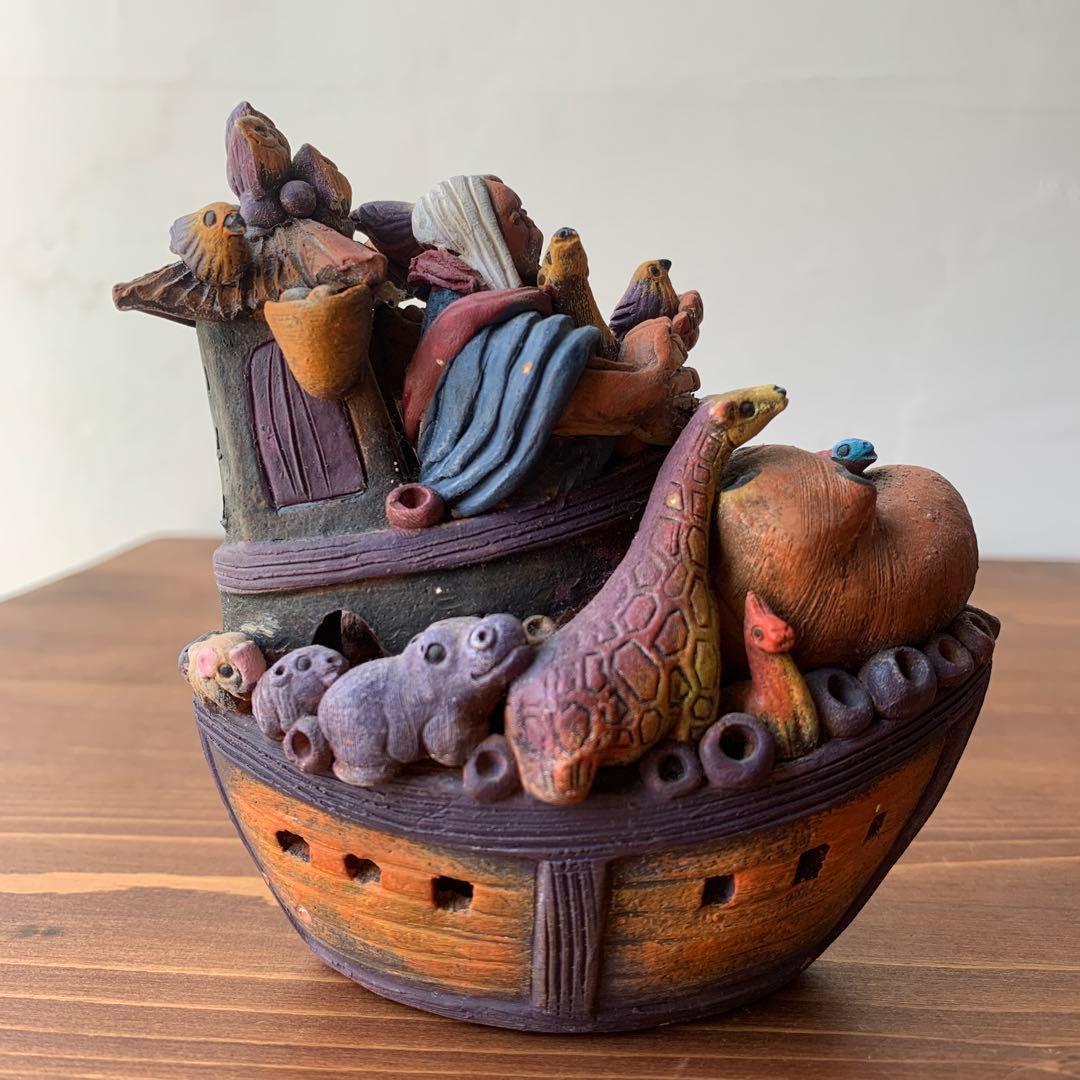 確認用　土人形　郷土玩具　民芸　フォークアート　聖書モチーフ　ノアの箱舟　置物