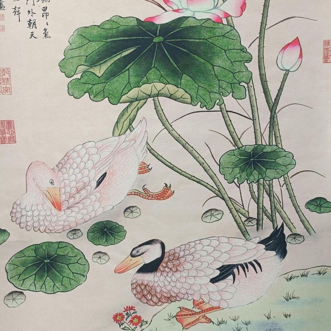 唐寅 荷塘雅趣 掛け軸 中堂 花鳥画 中国画 表装済 サイズ：70×173cm