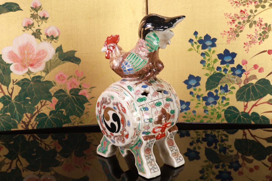 たかリン、仁清銘　京焼染錦　太鼓型　香炉　床飾　置物　野々村仁清　BE88