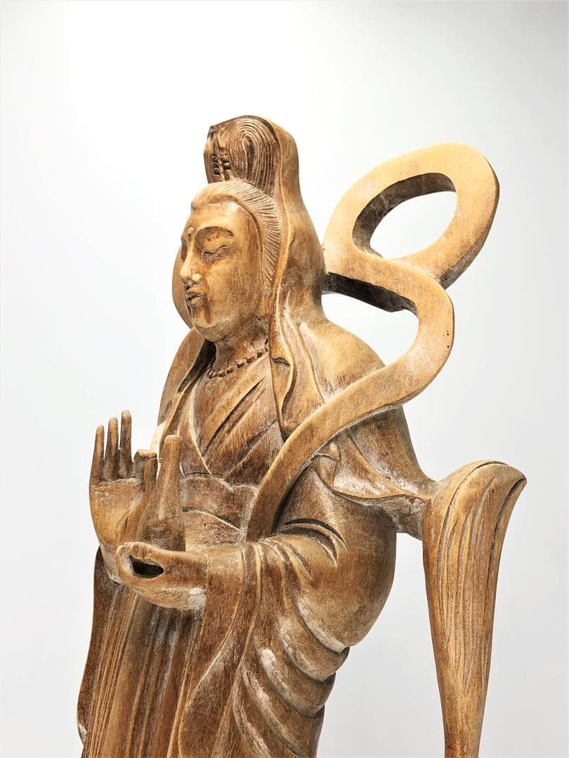 【 木彫羽衣観音 】　柘植36.5ｃｍ　アンティーク