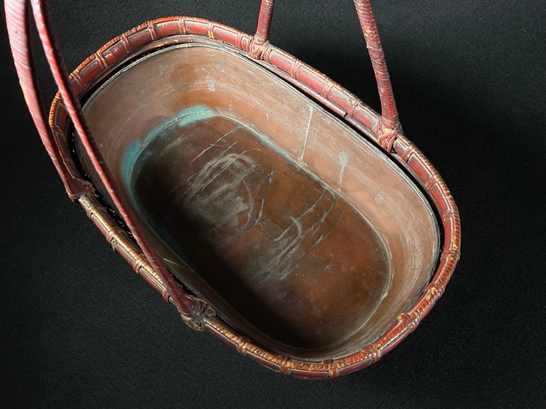 民藝　竹籠　竹編み籠　花籠　花入れ　花器　銅器付き　華道　茶道具