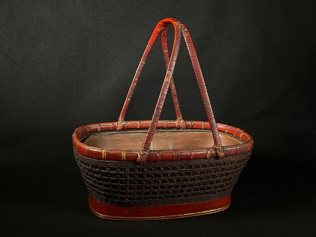 民藝　竹籠　竹編み籠　花籠　花入れ　花器　銅器付き　華道　茶道具