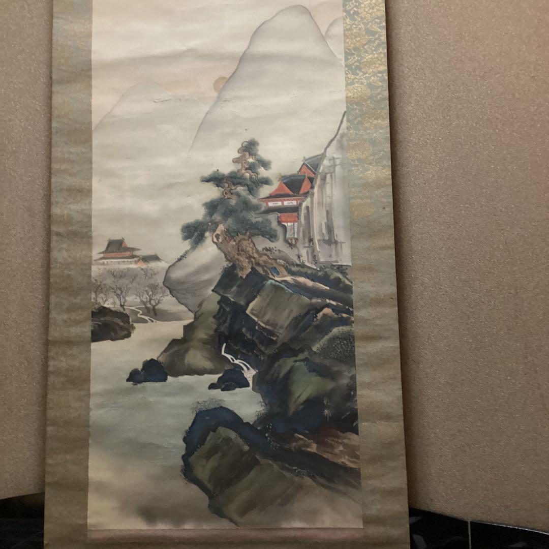 橋本雅邦筆【絹本、楼閣山水図　着色画】岩絵具使用【橋本秀邦　鑑識箱】模写NO92