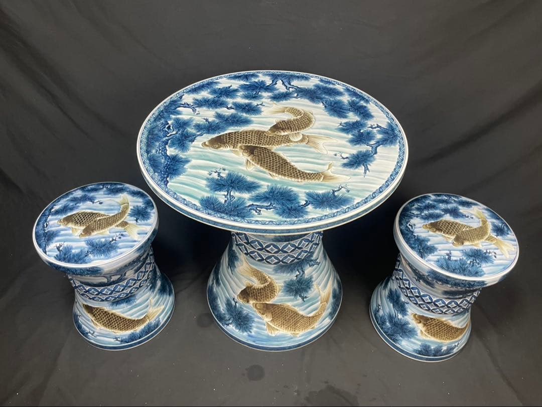 超希少 極上 有田焼 手描き 遊鯉紋 テーブル スツール 椅子 机