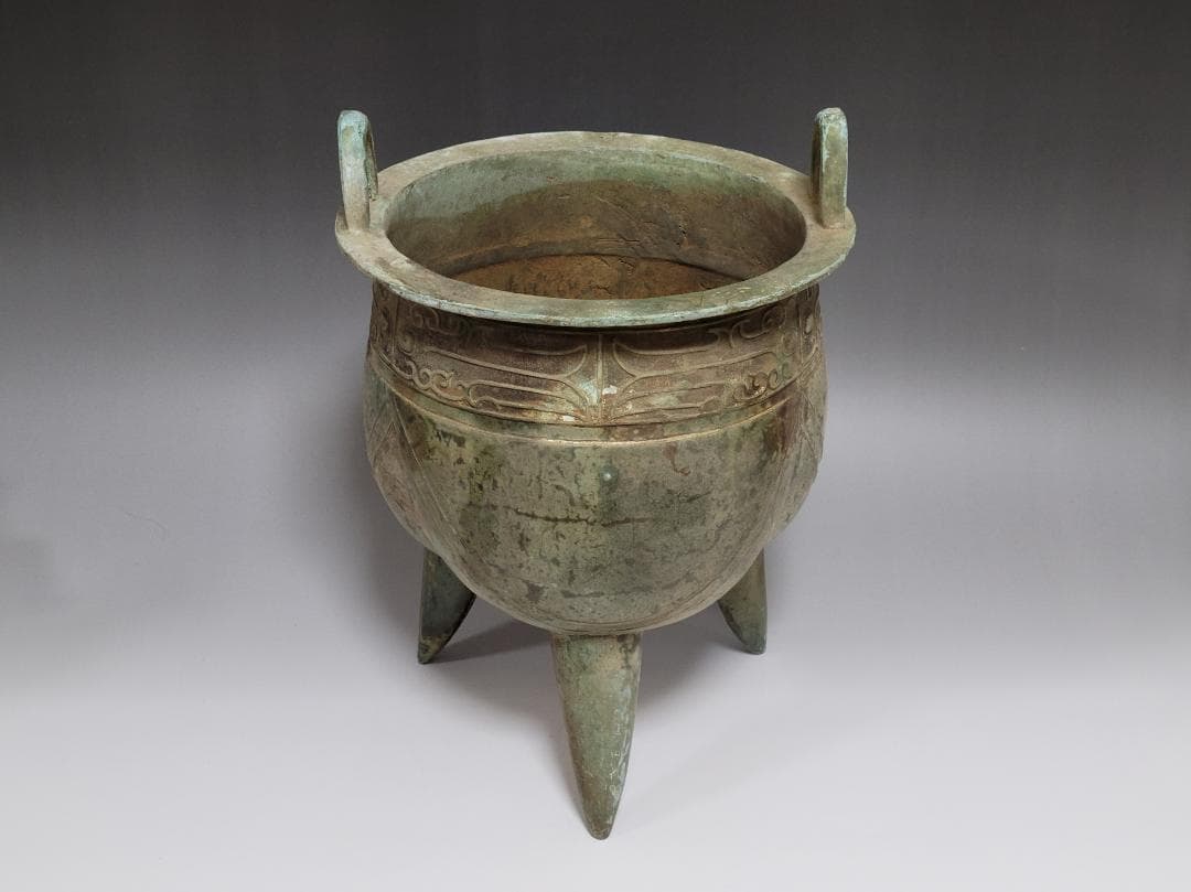 古青銅造 三足両耳 香炉 春秋戦国漢時代 高さ約31.5cm