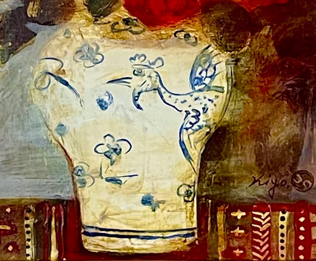 清原啓一　真作「李朝壺の薔薇」 油彩6号　サイン　裏面に題名・署名　格調高い名品