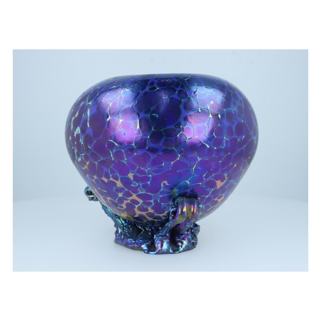 泡模様の紫色陶器 アート花瓶 オーロラ彩・細胞模様・彫刻的造形