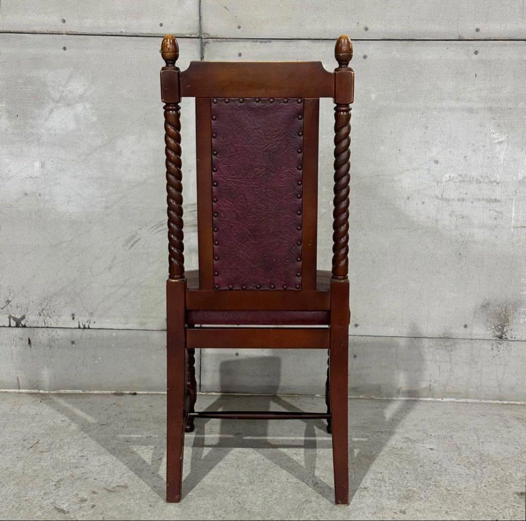 ✦バロック調✦アンティークチェア 木製 ツイスト脚 ワインレッド 鉄鋲 合皮張り
