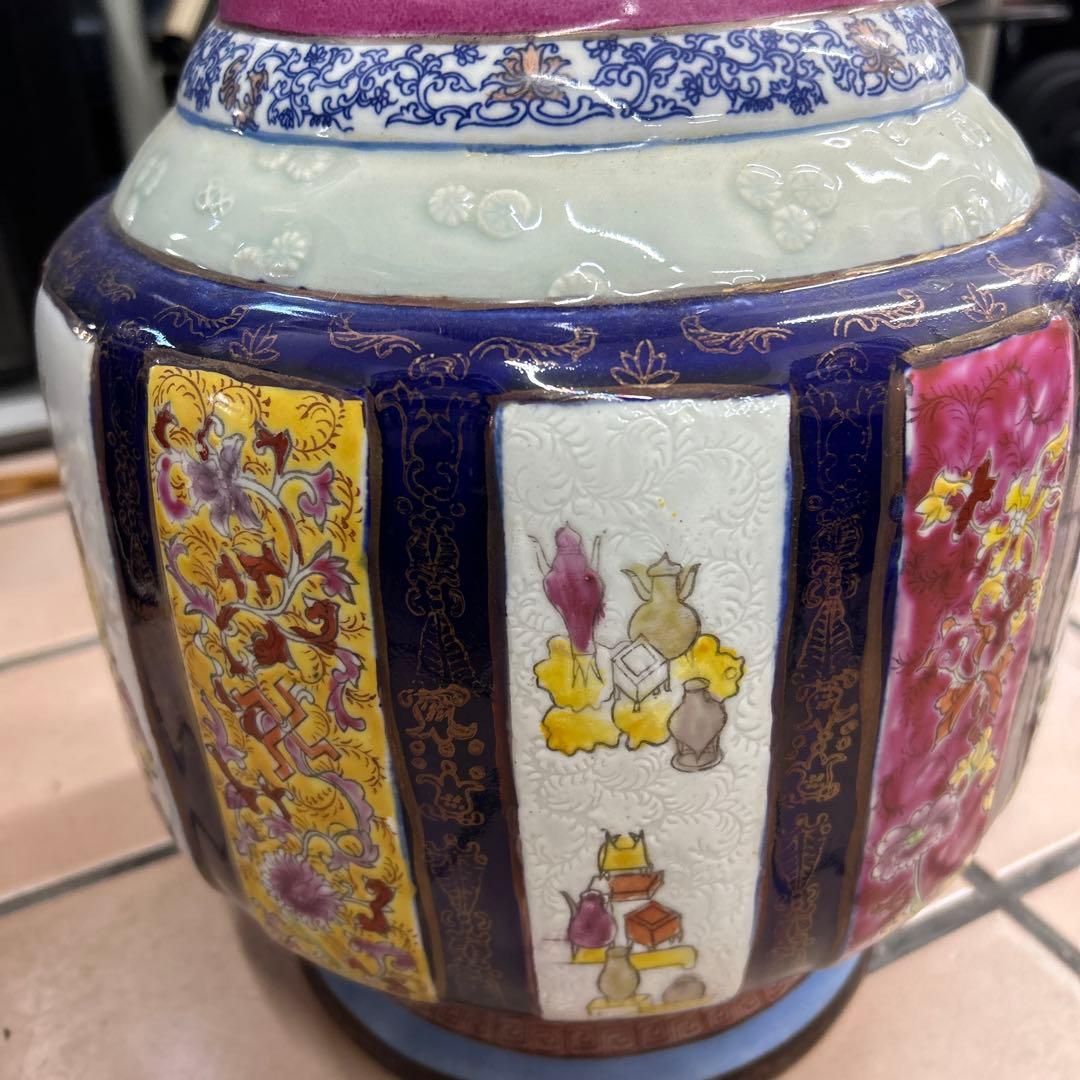 中国美術 青花琺瑯彩人物神獣纏枝花紋雙耳大瓶 高さ約50cm 旧家蔵出