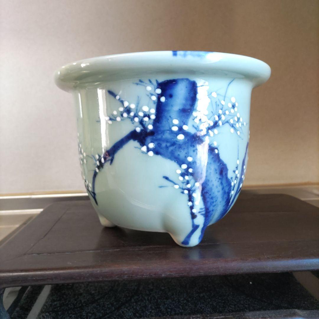 盆栽鉢、尾張焼、 瀬戸焼 、青磁、 染付 梅図 3本足、 蘭鉢 、植木鉢 、大型