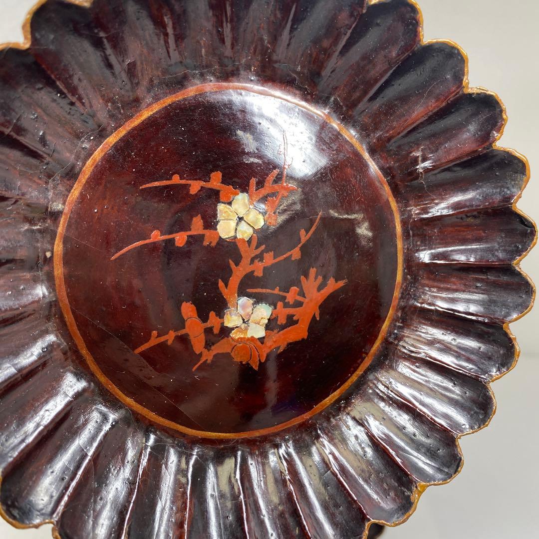 唐物　木製　螺鈿　菊割皿5客　幅約13.2㎝　トトウ　東さ7-1124☆2F