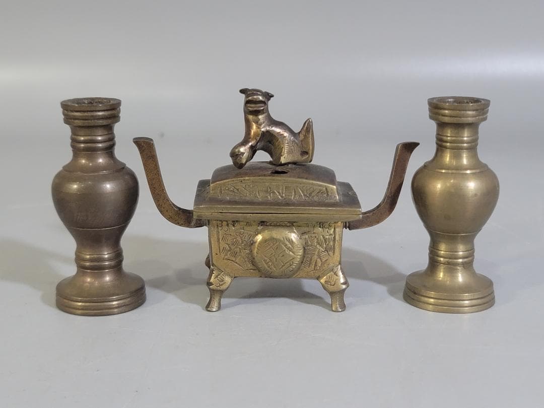 古銅 豆 香炉 花器一対 Ａ845