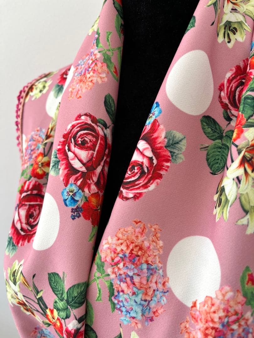 フラメンコ　マントンシージョ　ピンク花柄x水玉　フクシアピンクフレコ