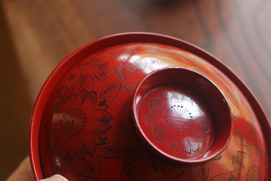 デッドストック！上質朱漆に極上沈黒桜文の映えるお椀2点（検輪島塗懐石椀雑煮椀