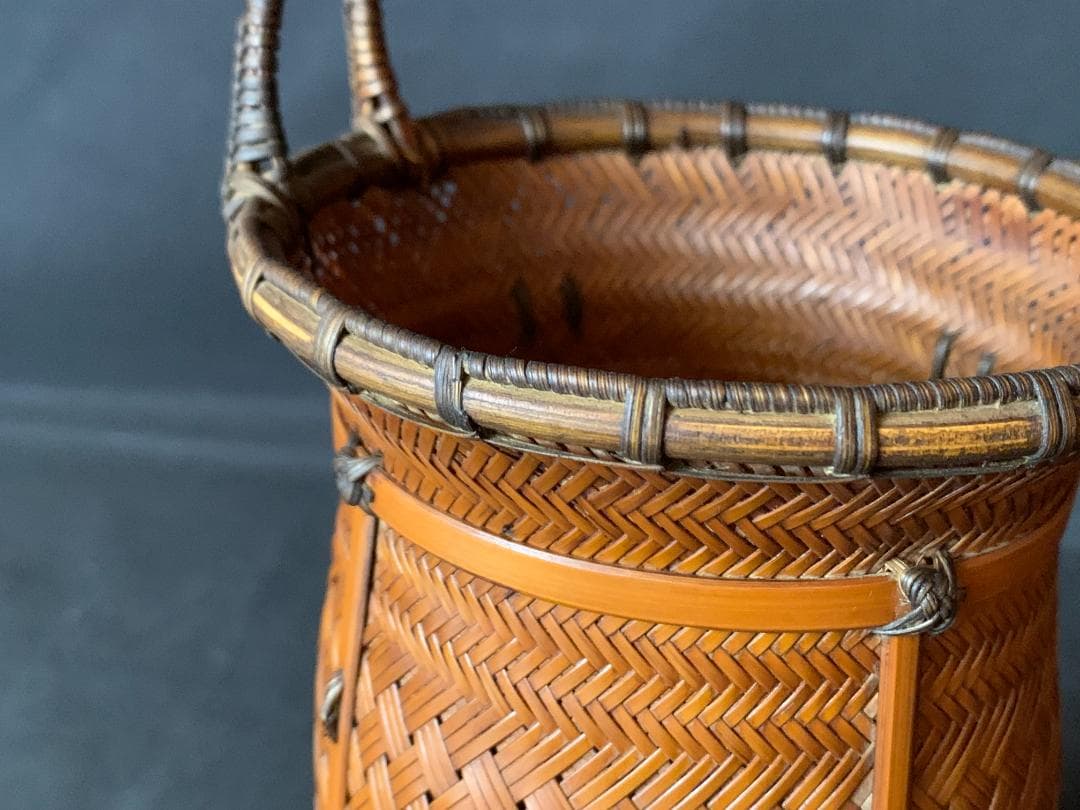 大分竹細工師 竹仙造 竹編 手付 花入 竹籠 煎茶道具 792