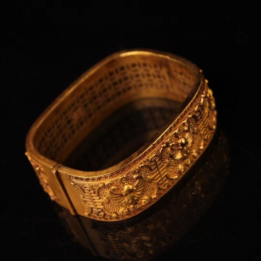 中国古美術・純銅鎏金ブレスレット・純手作り・細密彫・鏨刻鎏金・純銅製・高浮彫