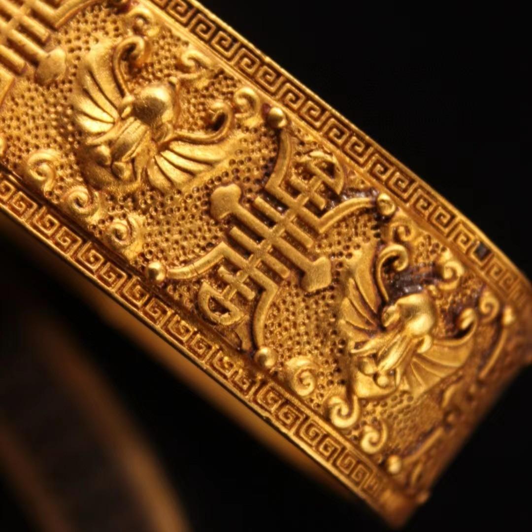 中国古美術・純銅鎏金ブレスレット・純手作り・細密彫・鏨刻鎏金・純銅製・高浮彫