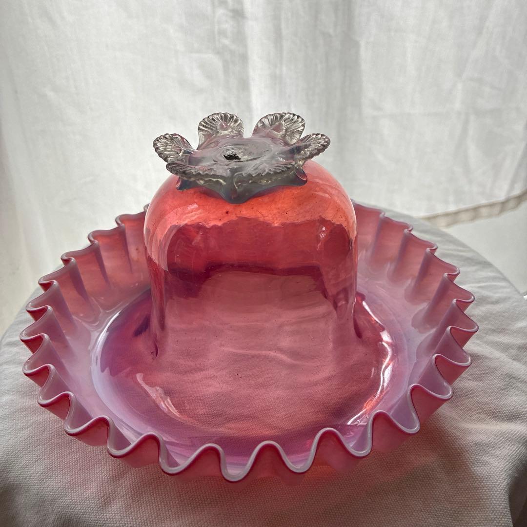 イギリス　レア品ヴィクトリアンアンティークウランバセリン　クランベリーコンポート