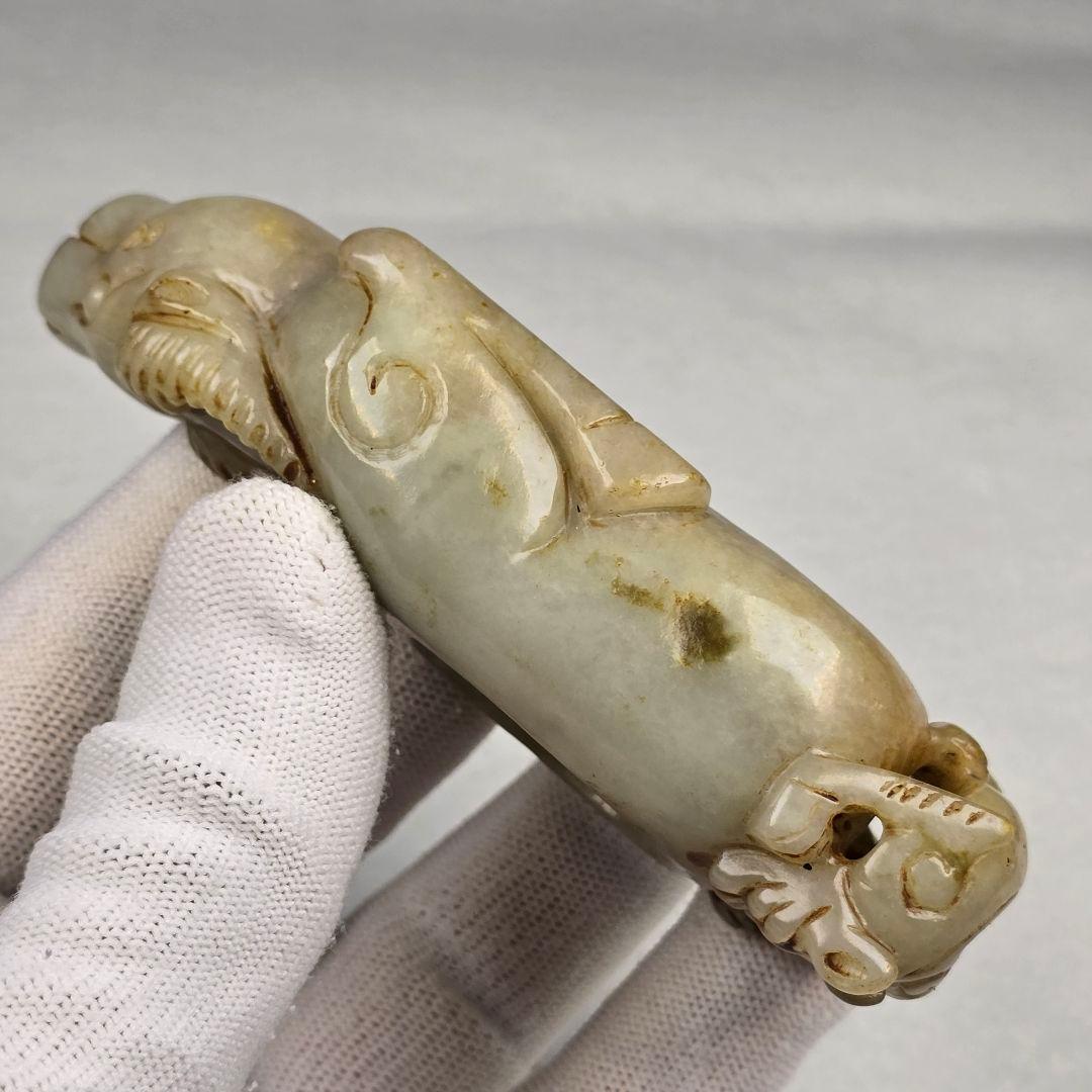 貴重 本物和田玉 細工手彫り 清代 牛と螭龍紋 筆洗い 筆添 玉硯 置物 超美品