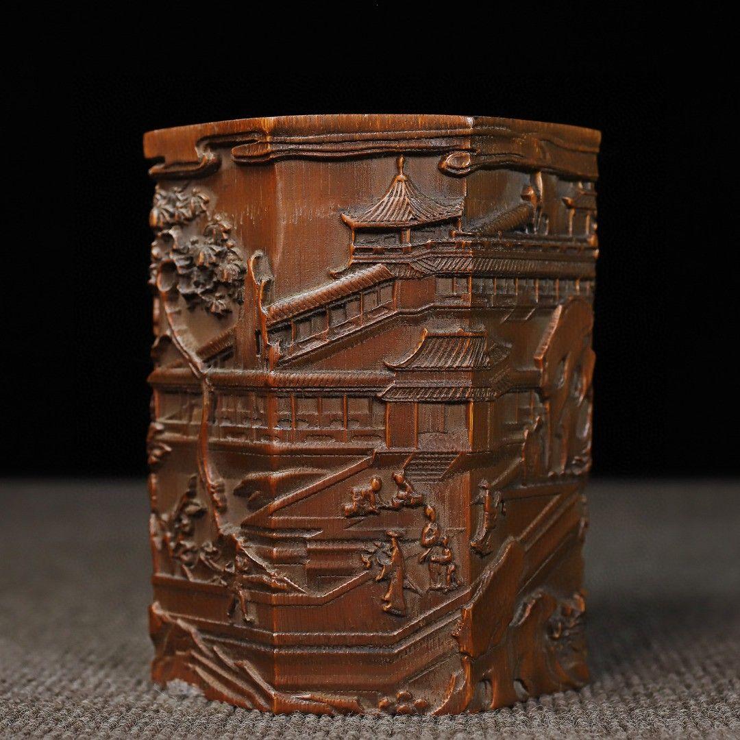 竹 彫刻 亭台楼閣筆箱 書道具 文房具 現代工芸品 美術品 置物