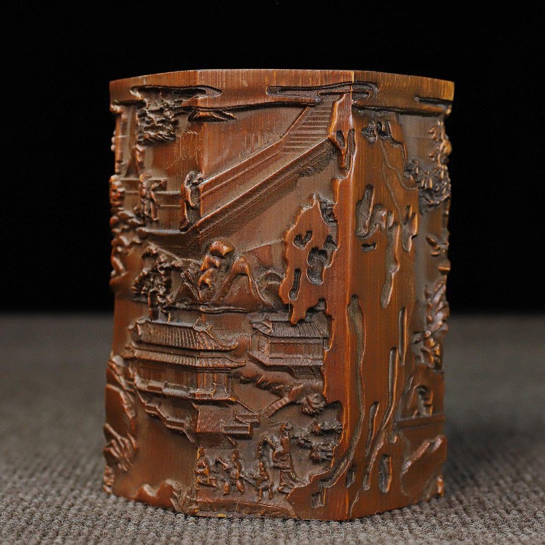 竹 彫刻 亭台楼閣筆箱 書道具 文房具 現代工芸品 美術品 置物