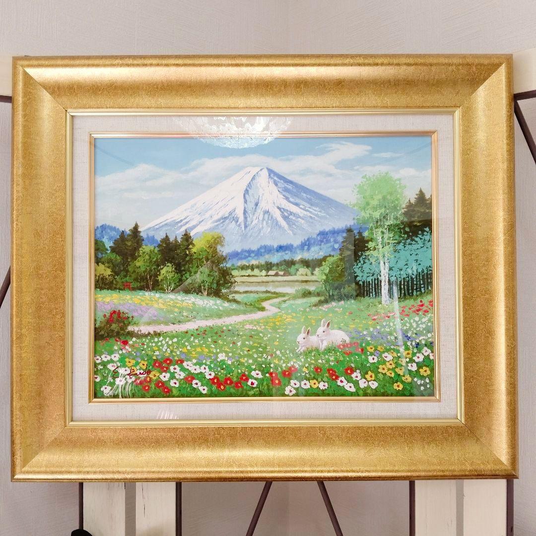 【美品】油彩画　サイン入り　富士山の風景画 　ウサギ　肉筆画　雪