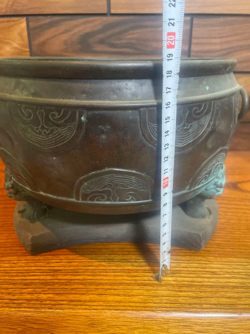 古銅　火鉢　獣三つ足　木台付き　骨董