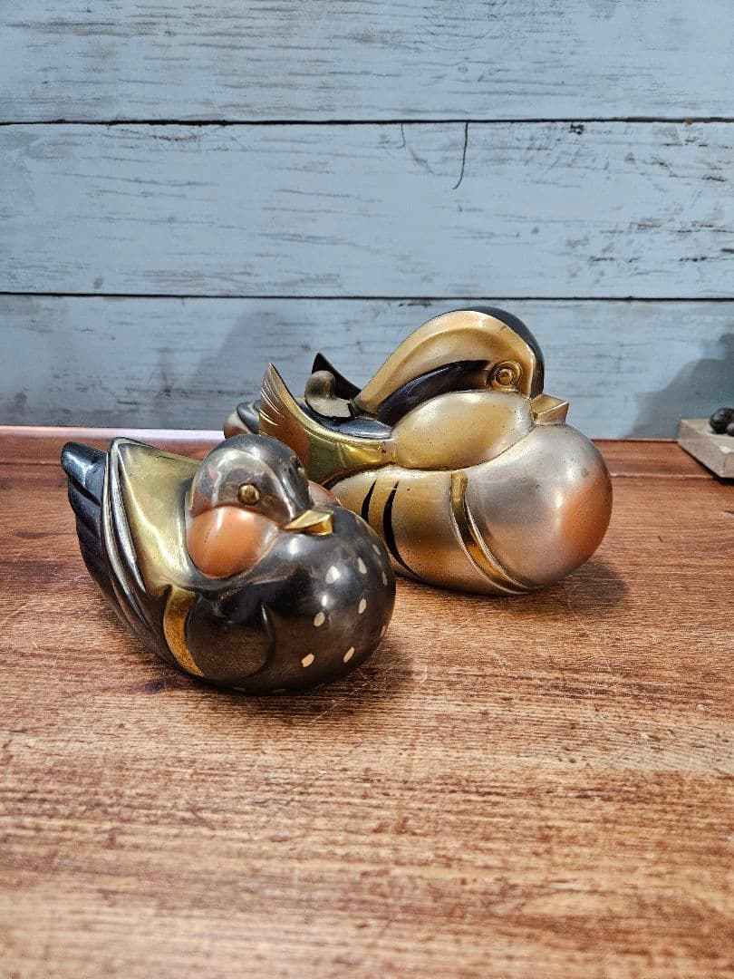アンティーク 鴛鴦の置物 在銘 銅 鍍金銀 金工 おしどり 一対 香炉 旧家蔵出