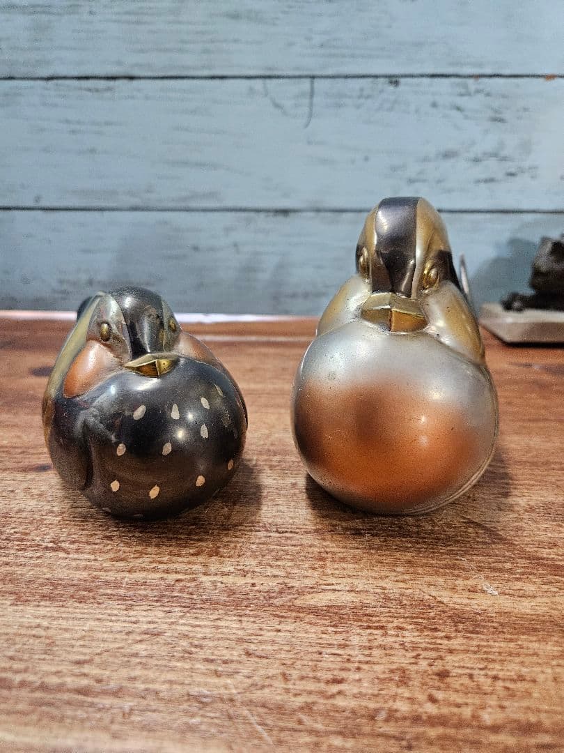 アンティーク 鴛鴦の置物 在銘 銅 鍍金銀 金工 おしどり 一対 香炉 旧家蔵出