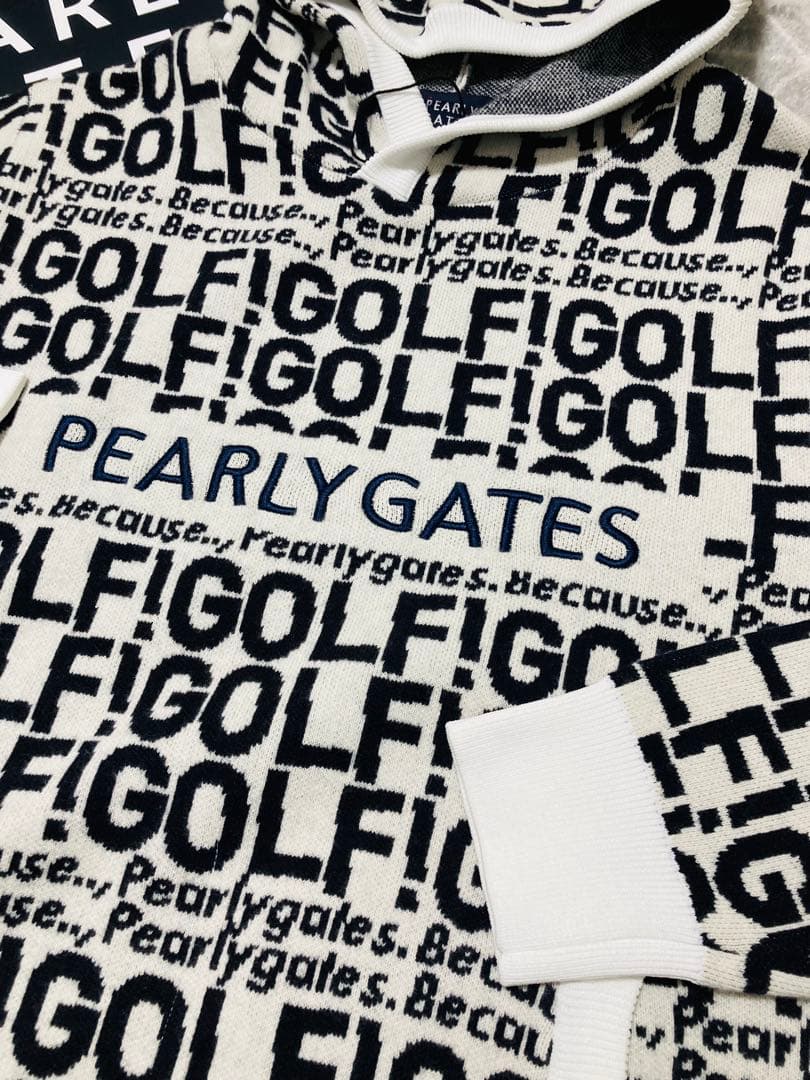 新品 パーリーゲイツ GOLF柄ジャガード ニット フーディ(4)サイズM/白