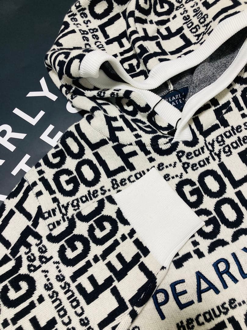 新品 パーリーゲイツ GOLF柄ジャガード ニット フーディ(4)サイズM/白