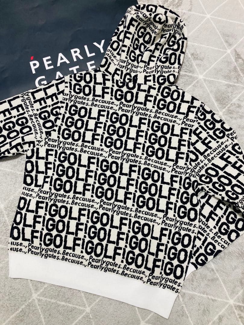 新品 パーリーゲイツ GOLF柄ジャガード ニット フーディ(4)サイズM/白