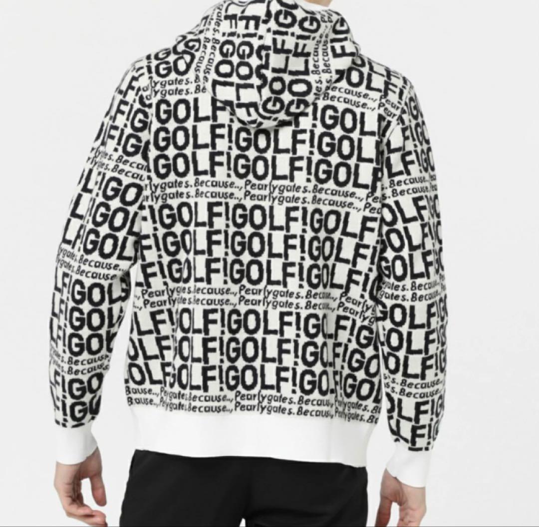 新品 パーリーゲイツ GOLF柄ジャガード ニット フーディ(4)サイズM/白