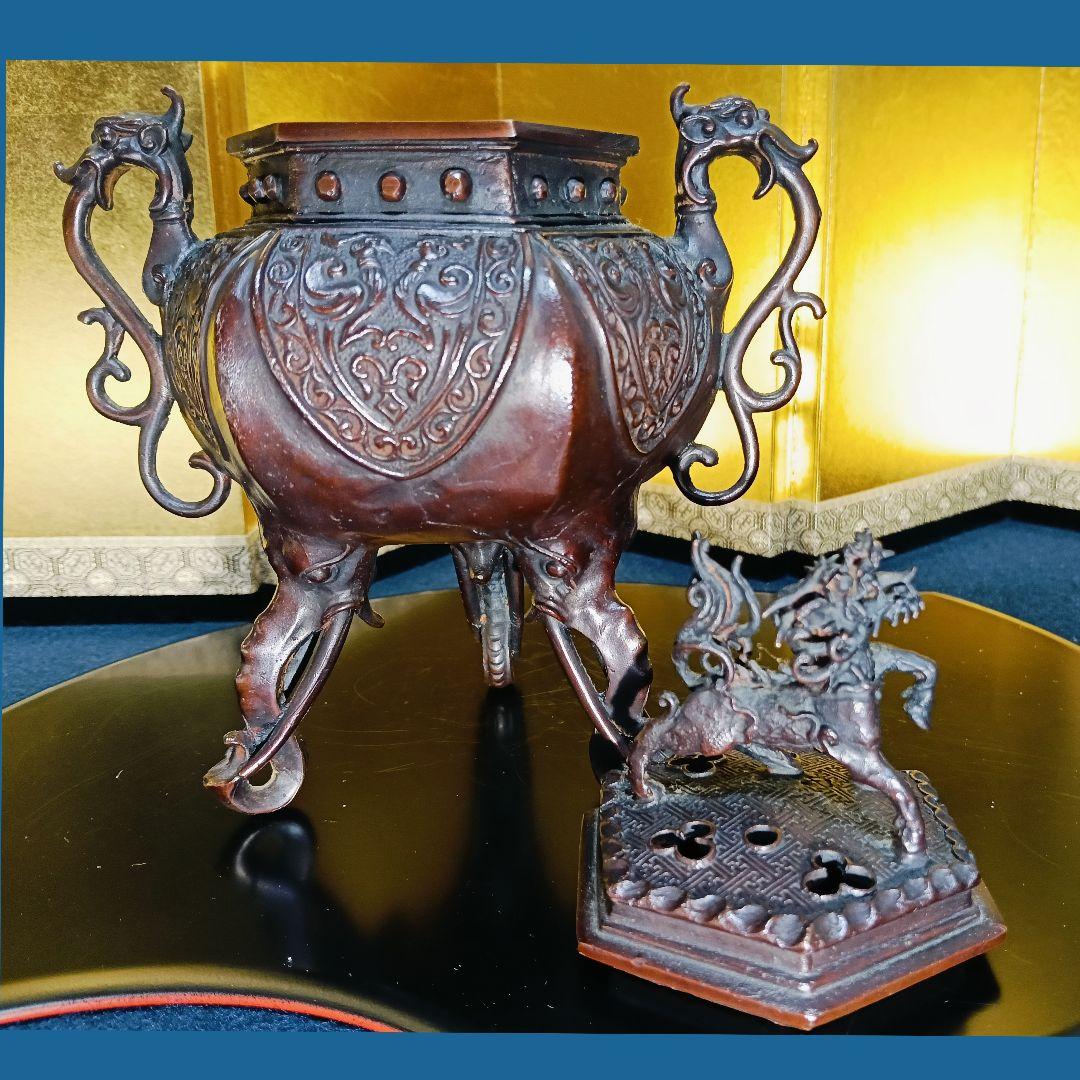 AL5 香保 金工師 香炉 蝋型 高岡銅器 麒麟摘 象足 三足 共箱