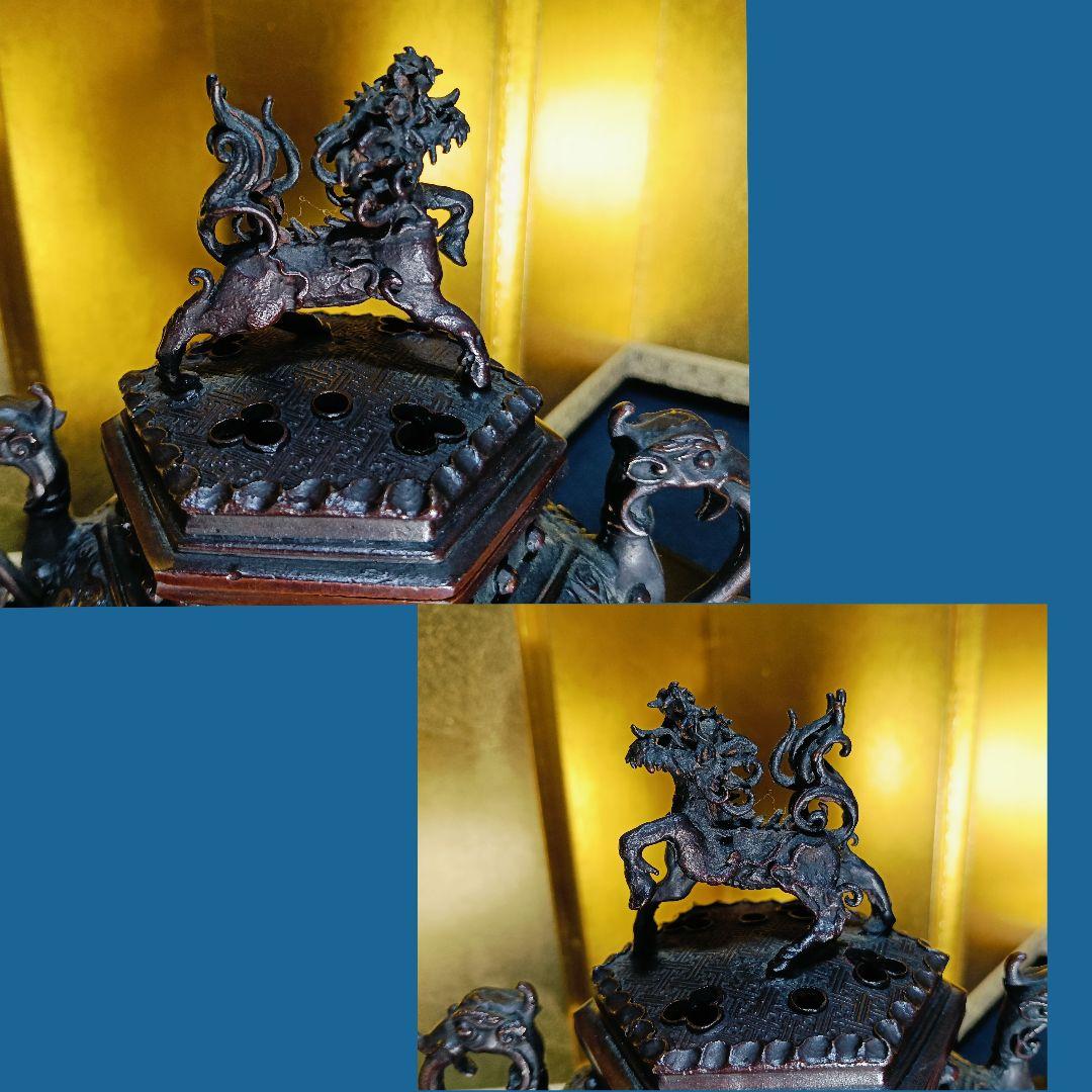 AL5 香保 金工師 香炉 蝋型 高岡銅器 麒麟摘 象足 三足 共箱