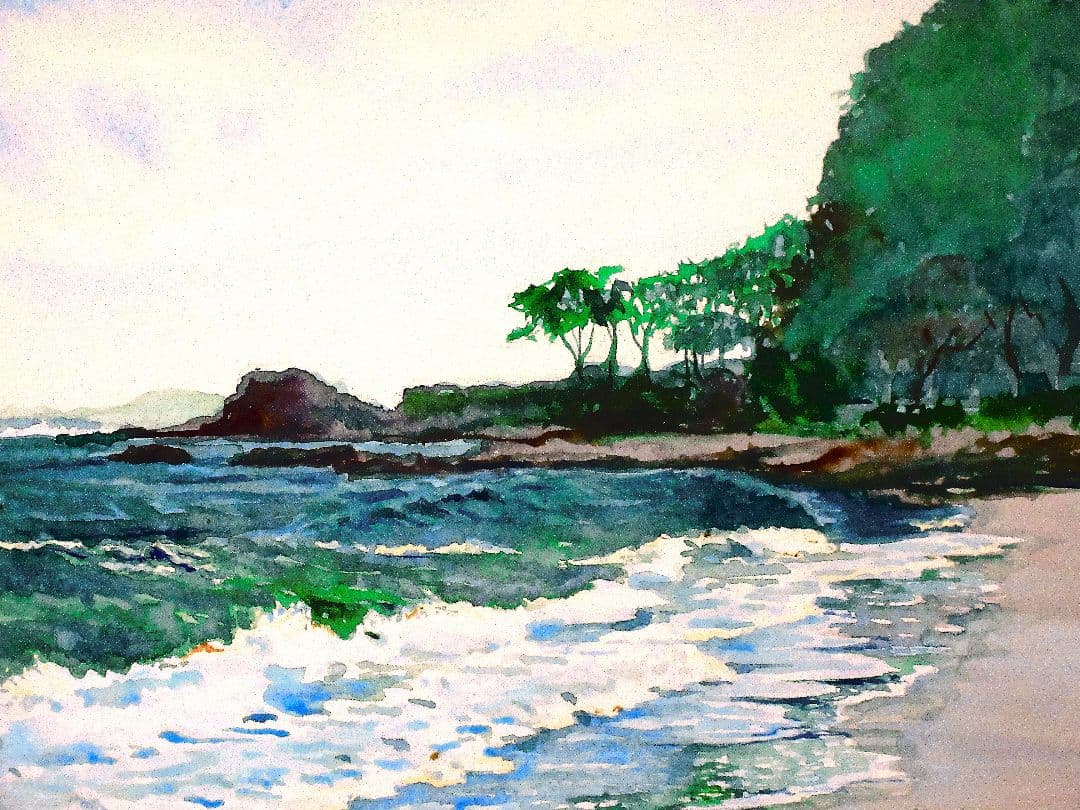 観音崎海岸水彩画 木製フレーム付き