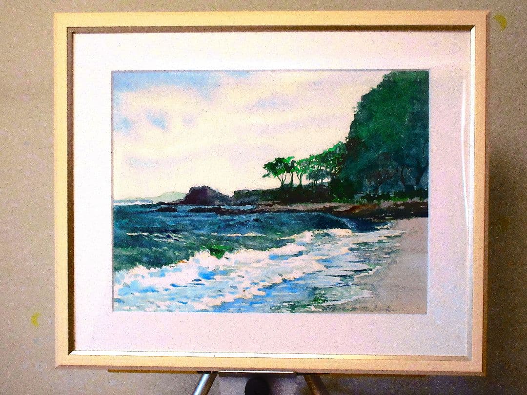 観音崎海岸水彩画 木製フレーム付き