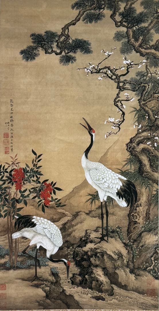 中国　清時代　沈銓 松梅雙鶴図　絹本　原色複製　◇検故宮博物館◇ 一鼎軒0926