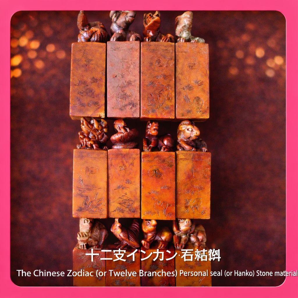 ●篆刻印材十二支 12本セット箱あり寿山石（芙蓉石）干支彫刻中国石印章書道具