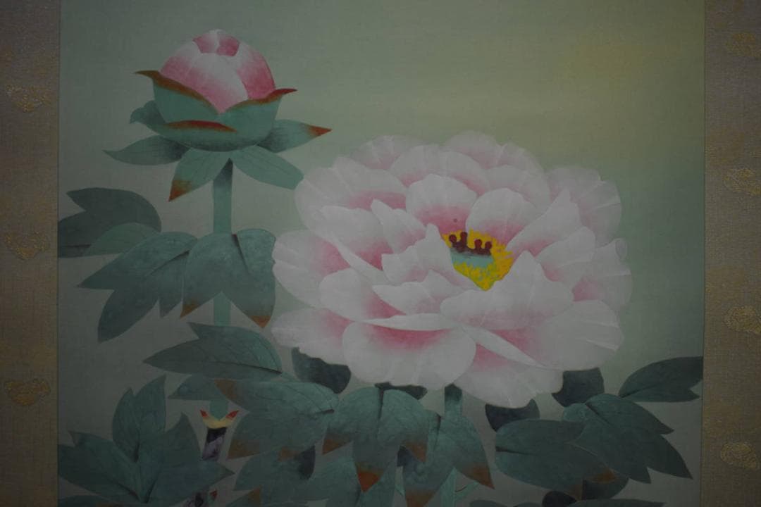 真作/新山晃司/牡丹図/桐共箱二重箱付/布袋屋掛軸HI-936