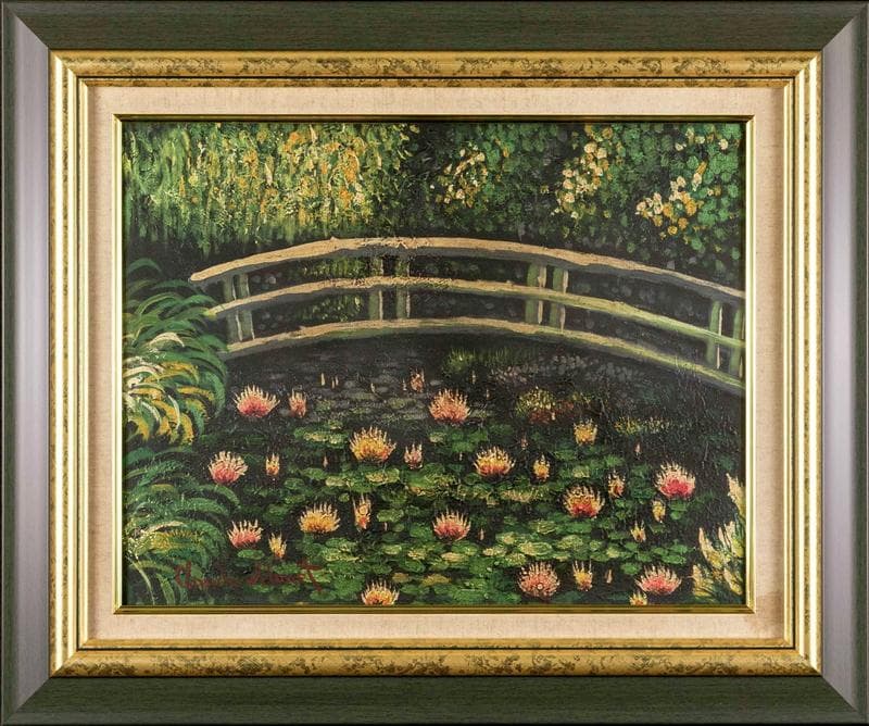 クロード・モネ　油彩　肉筆『睡蓮と日本橋』サイン　画廊シール　F6　額　b644