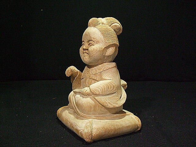 【お福さん】桧　山車、木彫り彫刻　高さ25ｃｍ