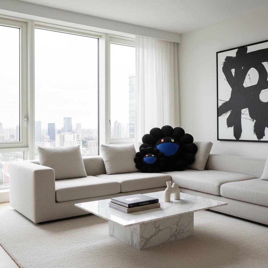 カイカイキキ『村上隆』お花クッション / ブラックx青 (60cm)