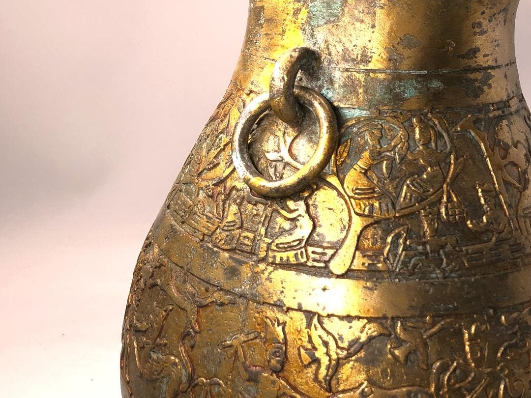 【 中国古代金銅製狩猟戰図文花器 】　惣型鋳造　戦国時代（東周朝）～後代